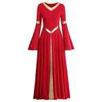 IMEKIS Women's Metallic Color Block Cross Long Sleeve Liturgical Praise Lyrical Dance Dress Loose Fit V Neck Maxi Pleated Skirt Dancewear Costume Church Worship Gowns Hanukkah Ballroom Red + Gold S