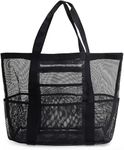 SoHo Collection, Mesh Beach Bag – Toy Tote Bag – Large Lightweight Market, Grocery & Picnic Tote with Oversized Pockets, White and Black, L