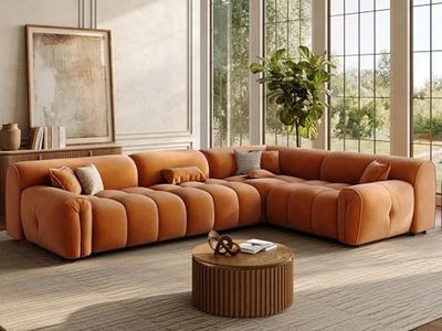 POVISON 135'' Oversized L-Shaped Sectional Sofa, Deep Seat Minimalist Mid Century Modern Couch, Extra Large Tufted Curved Sofa, Waterproof Corner Couches for Living Room, Orange