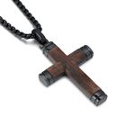 Wooden Cross Necklace for Men, 【Hand-Inlaid Real Pear Wood 】 Mens Cross Necklaces Christian Black Stainless Steel Crucifix Pendant for Boy, Free 24" Round Box Chain