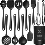 Silicone Cooking Utensils Set - 600°F Heat Resistant Silicone Kitchen Utensils,Spatulas,Spoons,Whisk,Tongs,Basic Kitchen Utensil Spatula Sets for Nonstick Cookware,Dishwasher Safe BPA Free (Black)