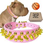 TEEMERRYCA Pink Leather Gold Spiked Studded Dog Collar for Female Puppy Small Medium Large Pets, Pit Bulls Bulldog, Keep Dog Safe from Grabbing by Huge Dogs, L(15"-18.5")