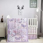 La Premura Baby Crib Bedding Set for Girls, Lilac Butterfly 3 Piece Standard Size Crib Set for Baby Girl with Crib Sheet, Quilt and Crib Skirt, Pastel Pink and Purple Butterfly Nursery Decor