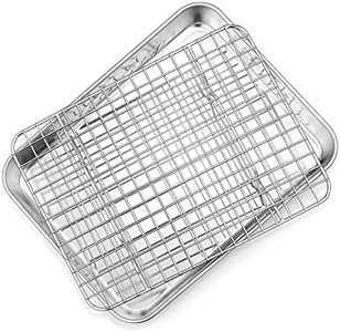 9 Inch Mini Toaster Oven Pan with Rack Set, P&P CHEF Stainless Steel Small Baking Pan Tray and Grid Cooling Rack for Cooking/Roasting, Dishwasher Safe & Easy to Clean, Non-toxic & Durable