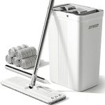 JOYMOOP Mop and Bucket with Wringer Set, White Flat Squeeze Mop Bucket Set for Floor Cleaning, Wet Dry Mop for Walls, Wall Cleaner with Long Handle, Hardwood Floor Mop - 5 Microfiber Cloths