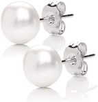 MABELLA 925 Solid Sterling Silver AAA Genuine Freshwater Cultured Pearl 9MM White Button Stud Earrings Mother's Day Gifts for Her