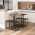 FURNITURE KI FACTORY- Metal and Engineer Wood Dining Table Set Black 2.6 x 2.6 Ft PLPB 1 Table and 4 Stool - Modern with Base - Brown-Color