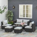 LOCCUS Patio Furniture Set, 6 Piece Outdoor Conversation Set All Weather Wicker Sectional Sofa with Ottoman and Cushions for Garden Deck, Or Porch.(Brown and Offwhite Color)