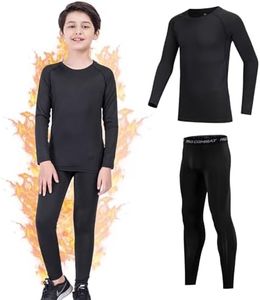 Gavena Kids Thermal Base Layer Sets Boys Football Skins Youths Compression Set Winter Under Football Kit for Children, Fleece Black, 8-9 Years