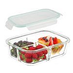 Shopeum 3 Compartment Rectangular Storage Glass Lunch Box With Leak Proof Airtight Lid Meal Prep Serving Bowl Food Containers Tiffin Plastic Lids Clamp Containers Pack Of 1 (1000Ml),Multicolor