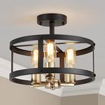 Saint Mossi Vintage Semi Flush Mount Ceiling Light Fixture, 3-Lights (E27 Medium Bulb) Round Farmhouse Chandelier, Perfect for Living Space, Matte Black & Light Gold Metal Frame