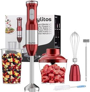 Keylitos 5 in 1 Immersion Hand Blender Mixer, [Upgraded] 1000W Handheld Stick Blender with 600ML Chopper, 800ML Beaker, Whisk and Milk Frother for Smoothie, Baby Food, Sauces Red,Puree, Soup (Red)