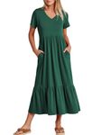 Jacansi Summer Dresses for Women V-Neck Loose Bohemian Dress Short Sleeve Beach Maxi Dress with Pockets Dark Green XL