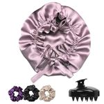 Atrube Silk Satin Hair Bonnet Reversible Adjustable tie Band Reusable showercap Satin bonnet Wrap Silk Bonnet Hair with Hair Scalp Massager Shampoo Brush and scrunchies (Rose Taupe)