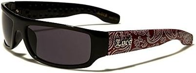 Locs Paisley Bandana Print Slim Rectangular Retro Wrap Around Sunglasses, Black & Red, One Size Fits Most