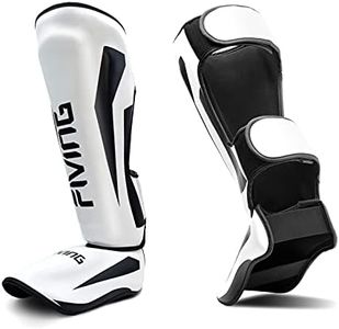 FIVING MMA Martial Arts Shin Guards – Padded, Adjustable Muay Thai Leg Guards with Instep Protection for Kickboxing/MMA Training and Sparring – Durable, Professional MMA Equipment (White, Medium)