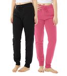 TEX2FIT 2-Pack Joggers for Women with Side Pockets, Rib Cuff Bottoms, Soft Fleece Sweatpants for Women (2pcs Set) (Black/Pink, Small)