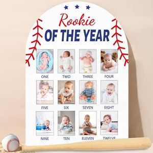Baseball First Year Photo Board Rookie of the Year Birthday Party Decoration Wooden Board 12 Monthly Milestone Picture Frame Sport 1st Birthday Banner for Babyboy Keepsake Gift Supply(Fit 2x2.8in Pic)