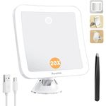 Auxmir 20X Magnifying Mirror with Lights, Rechargeable Makeup Mirror with Powerful Suction, 360° 3 Color Adjustable Lighted Mirror with Touch Sensor, 6.3In Countertop Desk Mirror for Bathroom, Shaving