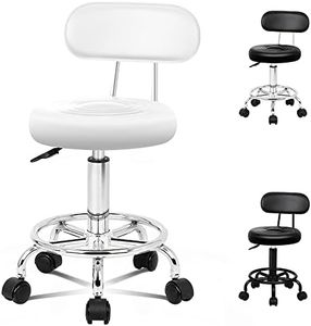 ALFORDSON Salon Stool Declan Round Swivel Drafting Rolling Stools with 47.5-62cm Height Adjustment PU Leather Spa Stool with Footrest Wheels Backrest Hair Dress Massage Barber Chair (White)