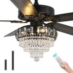 RIENAZA Modern Crystal Ceiling Fan Light, Farmhouse Black Retro Remote Control Ceiling Fan Light, 52 inches (Approximately 132CM) Suitable for Living Room, Dining Room, Bedroom, etc；