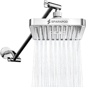 SparkPod Square Rain Shower Head with Shower Head Extension Arm - High Pressure Rain - Luxury Modern Look - No Hassle Tool-less 1-Min Installation (16" Shower Arm Extension, Luxury Polished Chrome)