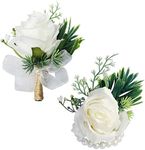 WEIERYUE White Rose Wrist Flowers and Men's Corsage Wedding Flowers Ceremony,2Pcs Boutonniere Buttonholes and Wrist Corsage Wristband Roses Wrist Corsage(White Rose Set)