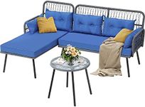 YITAHOME Patio Furniture L-Shaped Coversation Sectional Outdoor Sofa Set for Backyard, Porch with Thick Cushions Detachable Lounger, Side Table (Gray+Navy Blue)