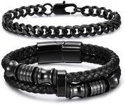 VNOX 2 Pcs Leather Chain Bracelets for Men Boy, Mens Boys Cool Black Stainless Steel Cuban Link Chains Bracelet with Braided Leather Bracelet Set Cuff Bangle Wrist Band Men Jewelry,7.5 In