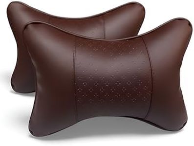 FAMEXON Leather Soft car Neck Pillow for Travel, Travel Micro Fiber Rest Pillow/Cushion Set of Pillows Compatible with All Cars - Pack of 2 Pieces (Brown Leather)