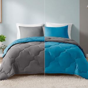 Comfort Spaces Vixie Reversible Comforter Set - Trendy Casual Geometric Quilted Cover, All Season Down Alternative Cozy Bedding, Matching Sham, Teal/Charcoal, Full/Queen 3 piece