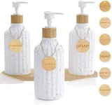 Shampoo and Conditioner Dispenser Set of 3, 16OZ Refillable White Shampoo and Conditioner Bottles Extra-Thick Plastic Empty Body Wash Dispenser with Pump and Tray Tags Bathroom Shower Soap Dispenser