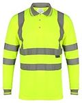 HuntaDeal Hi Viz VIS High Visibility Long Sleeve Polo Shirt | Reflective Tape Safety Security Work Button Breathable Lightweight Double Tape Workwear Top, Yellow, S