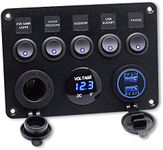 Marine Switch Panel- 5 Gang ON-Off Toggle Switch+ 2 USB Outlet +Cigarette Lighter +Waterproof LED Voltage Display for Car Marine RV Truck Camper (Blue Light)