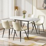 JEFFORDOUTLET Dining Table and Chairs Set 4 Extendable Marble Effect Dining Table with Adjustable Foot Pads and 4 Faux Leather Chairs, Modern Kitchen Table and Chairs Set for Dining Room