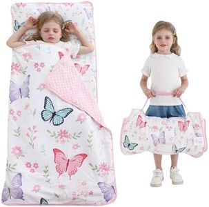 Viviland Toddler Kid Nap Mat for Preschool, White Butterfly Slumber Bag, Daycare Bag with Pillow and Blanket, Kindergarten Mat