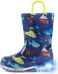 HugRain Little Kids Rain Boots Boys Toddler Light Up Printed Waterproof Shoes Lightweight Adorable Shark Ocean Sea Blue Print with Easy-On Handles (Size 12,Blue)
