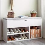 GarveeHome Storage Bench, Shoe Bench with Cushion, Entryway Bench with Lift-Top Storage Box & 2 Tiers Open Shoe Rack, Shoe Storage Bench for Entryway, Bedroom, White