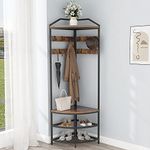 VEDECASA Corner Hall Tree with Shoe Bench 4-Tier Industrial Freestanding Entryway Coat Rack with 10 Metal Movable Hooks and Wooden Storage Shelves for Home Hallway Closet Bedroom Brown