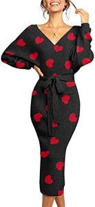 Chang Yun Heart Valentine Sweater Dress for Women Gift Long Sleeve Jumper Maxi Dresses Sexy V Neck Sweaters