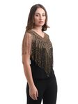 Women's Net Hand Bead Embroidery Designer Short Cape Poncho V Neck (Free Size, Black Golden)