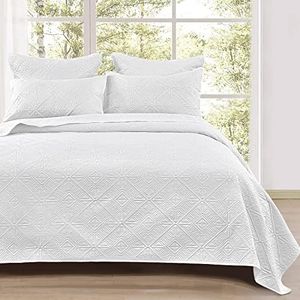 PHF Quilt Set Lightweight King Size, 3PCS Ultra Soft Ultrasonic Bedspread, Geometric Square Pattern Coverlets for All Season, Drop Nicely Stitching Bed Spread 106" x 96" with 2 Pillow Cases, White