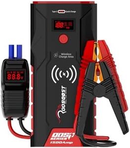 ROOBOOST Jump Starter, 1500A 12V Battery Booster, Jump Start Pack, Petrol & Diesel, Smart Jumper Cable, Quick Charge Power Bank, Wireless Charger, Digital Display. RB-PRO1500 Car Battery Jump Starter