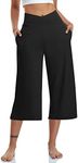 TARSE Womens Casual Wide Leg Yoga Capris Crossover High Waist Capri Pants Loose Soft Pajama Pockets Sweatpants, Black, X-Large