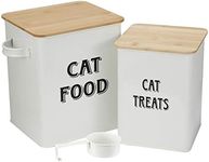 Cat Food and Treats Containers Set with Scoop for Cats or Dogs -Tight Fitting Wood Lids - Coated Carbon Steel - Storage Canister Tins-Cat-White