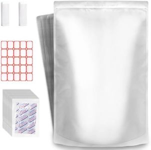 15 Pcs 5 Gallon Mylar Bags for Food Storage, 10.5 Mil Mylar Bags with Oxygen Absorbers 2000cc (15 Single Sealed), Stand-Up Zipper Resealable Bags & Heat Sealable Food Storage Bags + Labels