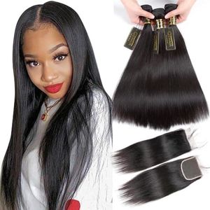 QTHAIR 10A Straight Human Hair Bundles with Closure(18 20 22+16,Free Part,Natural Black) Indian Straight Virgin Hair with 4x4 Lace Closure Frontal 100% Unprocessed Human Hair Weave with Closure