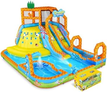 Sunny & Fun SpongeBob Mega Climb N’ Go Inflatable Water Slide Park – Heavy-Duty for Outdoor Fun - Climbing Wall, 2 Slides, Splash Pool – Easy to Set Up & Inflate with Included Air Pump & Carrying Case