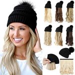 Qlenkay Beanie Hat Knit with Long Wavy Curly Hair Extensions Wig Dismountable Warm Knitted Pom Cap Attached 20inch Synthetic Hairpiece for Women Winter Natural Black