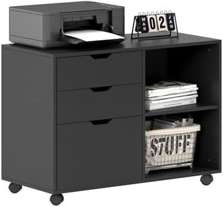 DlandHome 3-Drawers File Cabinet, Mobile Lateral Filing Cabinet, Printer Stand with Open Storage Shelf, Rolling Office Filing Cabinet with Wheels for Letter Size,Black